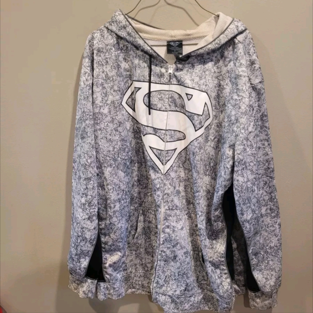 Superman Jacket Mens 2XL Black White Sweatshirt Full Zip Hoodie DC Comics